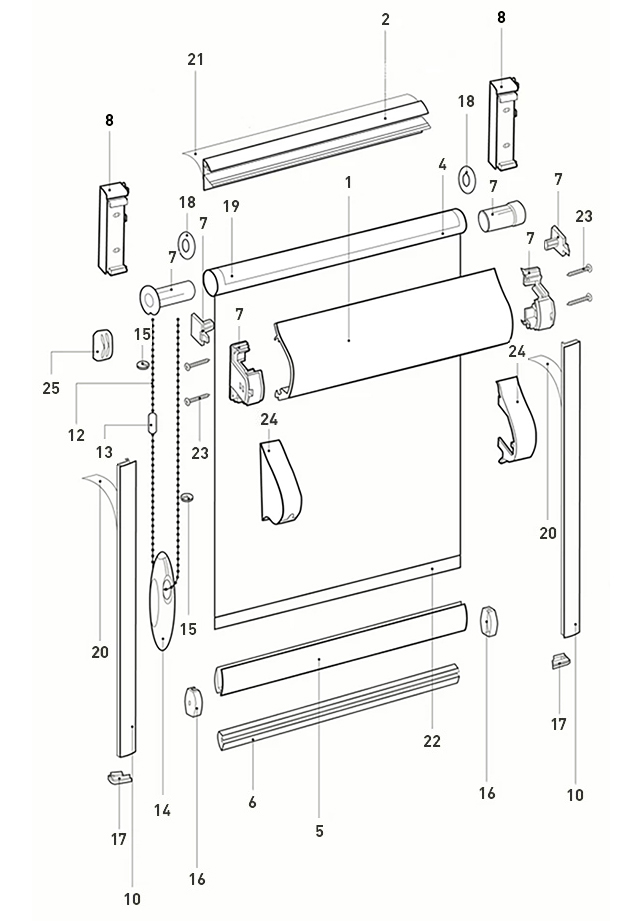 Устройство и комплектующие рулонных штор системы Uni