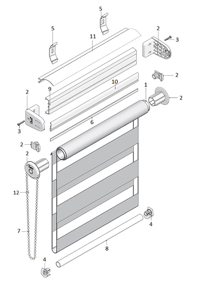 Устройство и комплектующие рулонных штор «День-Ночь» (Зебра)